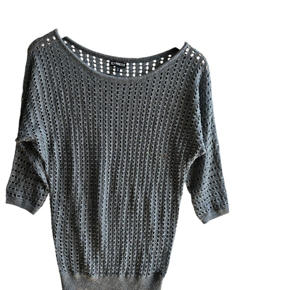 Express Knit Top Dolman Sleeve Metallic Gray Sweater Open Weave XS NWOT Sheer - Picture 5 of 9